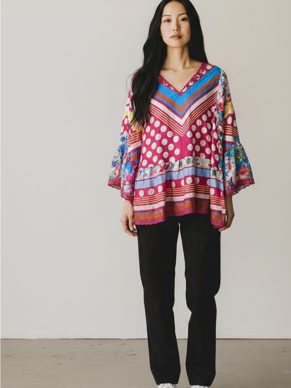 Women’s Johnny Was Vibrant Pink Multi Print Silk Long Sleeve Blouse Size Large